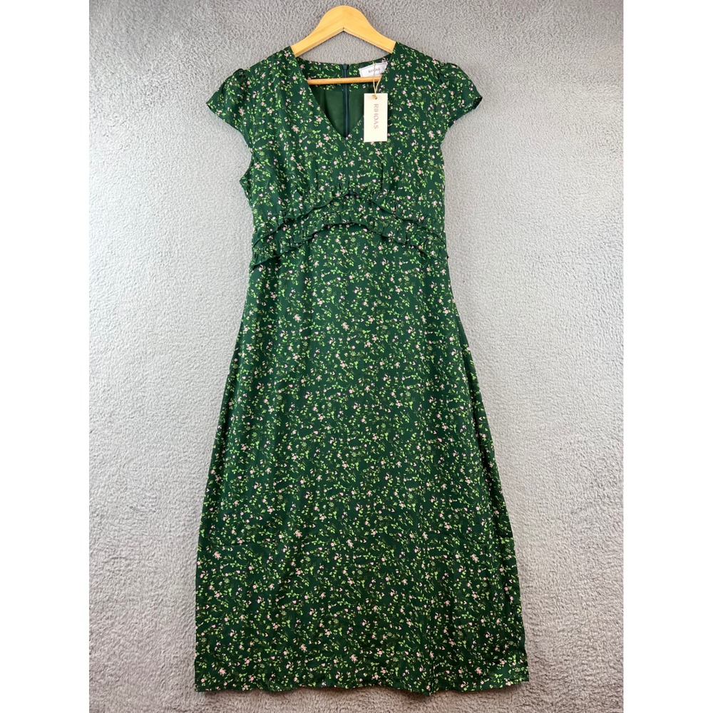 New RIHOAS The V‎ Neck Frill Trim Midi Grass Green Dress Size M